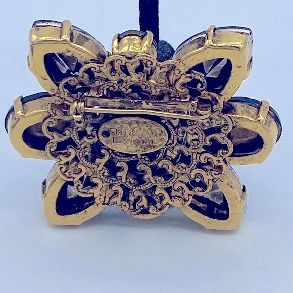 Vintage Erickson Beamon Gold Tone Teal Blue And Citrine Rhinestone Brooch Signed - Picture 8 of 10